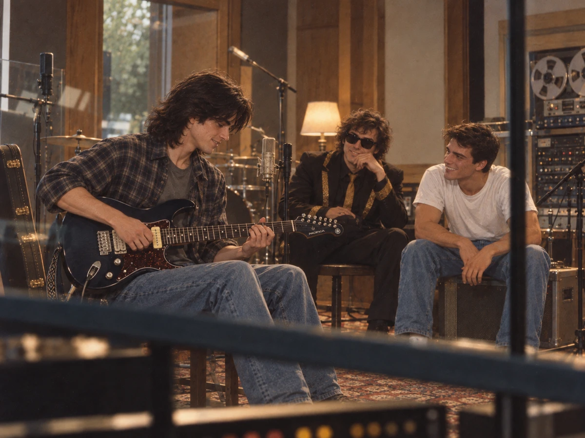 Recreación realista de músicos trabajando en un estudio de los noventa